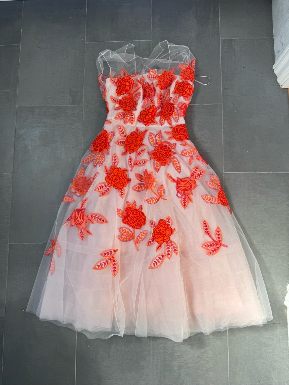 Sachin + Babi Pink Tulle Dress with Red Floral Appliqué